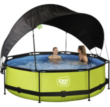 Runder Aufstellpool mit Sonnensegel und zwei Personen im Wasser.