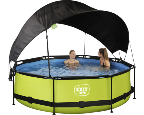 Runder Aufstellpool mit Sonnensegel und zwei Personen im Wasser.