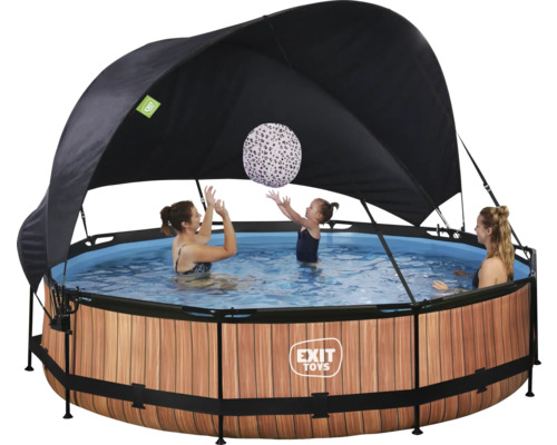 Rundes Poolset mit Überdachung und spielenden Personen im Wasser
