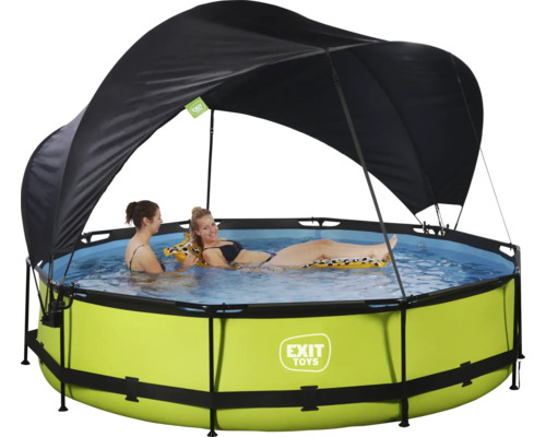 Rundes Aufstellpool-Set mit Sonnenschutzdach und zwei Personen im Wasser