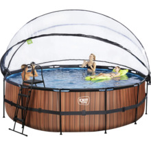 Runder Pool mit Überdachung, Leiter und spielenden Personen