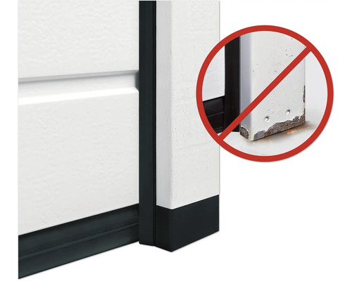 Nahaufnahme einer Garagentür mit Abdichtung und Symbol gegen Korrosion