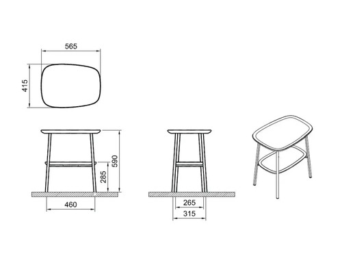 Zeichnung eines Beistelltisches mit Maßangaben