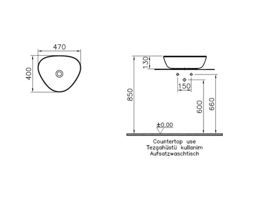 Technische Zeichnung eines Aufsatzwaschbeckens mit Maßangaben