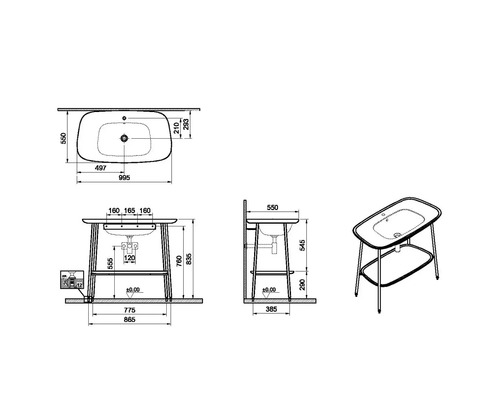 Technische Zeichnung eines Waschtischs mit Maßen