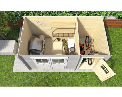 Draufsicht eines Gerätehauses mit Grill, Fahrrädern und Regalen im Innenraum.