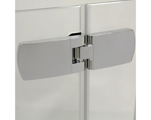 Detailansicht eines Duschkabinenbeschlags aus Metall.