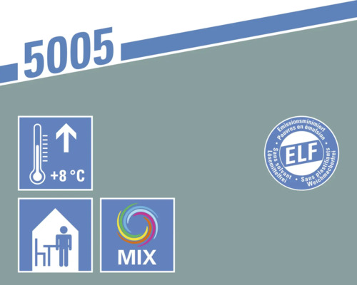 Informationen zum Produkt 5005: Lagertemperatur über 8 Grad Celsius, geeignet für Innenräume, Mischsystem und ELF Siegel für emissionsminimierte Produkte