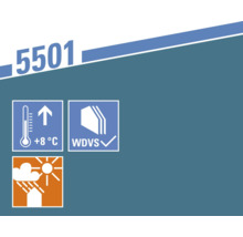 Symbol: Verarbeitungstemperatur ab 8 Grad Celsius. Symbol: Wärmedämmverbundsystem geeignet. Symbol: Witterungsbeständig