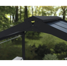 Detailansicht eines Pavillons mit Metalldachkonstruktion und Verbindungselementen.