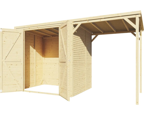 Holzgartenhaus mit offenen Doppeltüren und Unterstand
