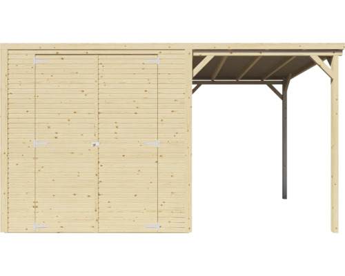 Holzgartenhaus mit Doppeltür und überdachtem Bereich