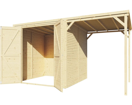 Holzgartenhaus mit Doppeltür und überdachter Terrasse