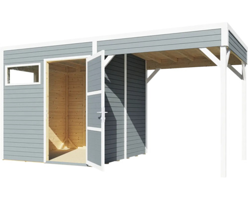 Gartenhaus mit geöffneter Doppeltür und überdachtem Bereich.