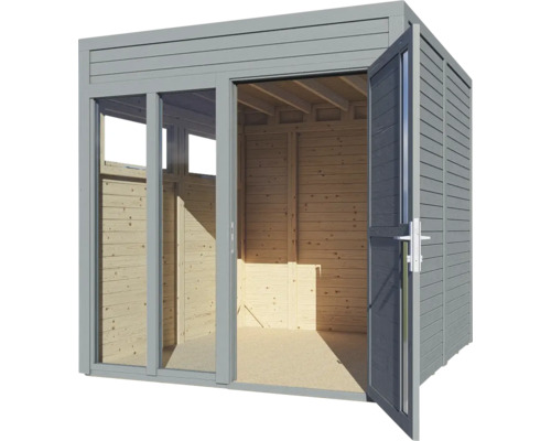 Modernes Gartenhaus mit Schiebetür und Doppeltür aus Holz
