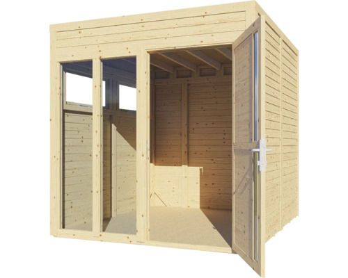 Holzgartenhaus mit offenen Türen und Fenstern