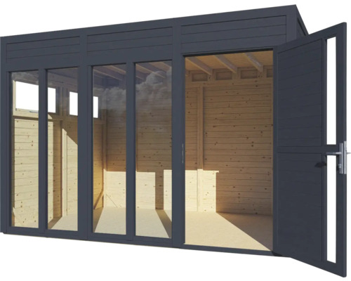 Modernes Gartenhaus mit großen Fensterfronten und geöffneter Doppeltür.
