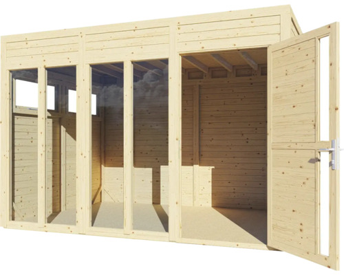 Holzgartenhaus mit Fenster und geöffneten Türen
