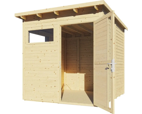 Holzgartenhaus mit Fenster und geöffneten Doppeltüren