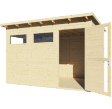 Holzgartenhaus mit Fenster und geöffneten Türen