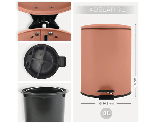 Adelar Treteimer mit 3 Liter Fassungsvermögen und den Maßen 25 cm Höhe und 16,8 cm Durchmesser.