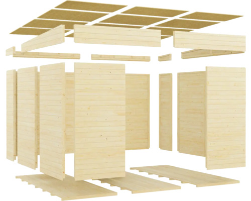 Explosionszeichnung eines Gartenhauses aus Holz