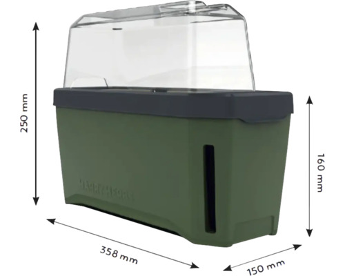 Anzuchtkasten mit den Maßen 358 mm Breite, 150 mm Tiefe und 250 mm Höhe