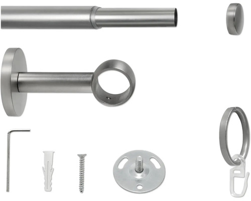 Gardinenstangenset mit Trägern, Endstücken, Ringen, Schrauben, Dübeln und Werkzeug