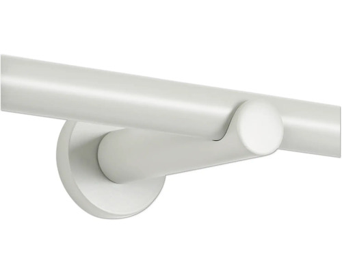 Detail einer weißen Treppengeländerhalterung zur Wandmontage