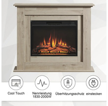 Elektrischer Kamin mit Holzrahmen und Flammenimitation sowie den Symbolen Kühlfunktion, Nennleistung, Überhitzungsschutz und Stecker