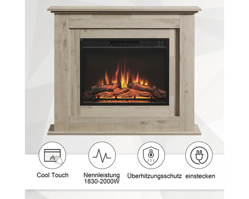 Elektrischer Kamin mit Holzrahmen und Flammenimitation sowie den Symbolen Kühlfunktion, Nennleistung, Überhitzungsschutz und Stecker