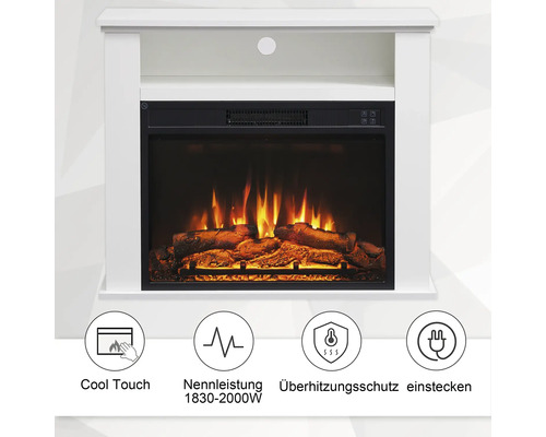 Elektrischer Kamin mit weißer Umrandung und Kaminfeuer-Effekt