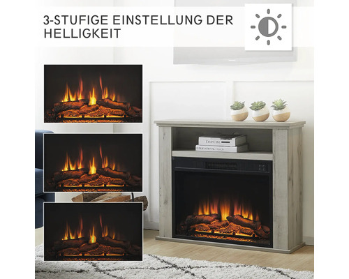 Dekorativer Elektrokamin mit dreistufig einstellbarer Helligkeit und Holzoptik