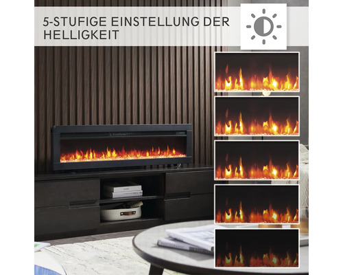 Elektrischer Kamin mit fünfstufiger Helligkeitseinstellung auf dunklem Holzschrank