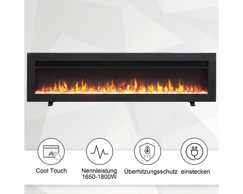 Elektrischer Kamin mit Flammenimitation und Leistungsangaben