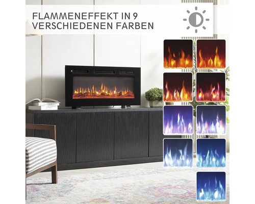 Dekorativer Elektrokamin mit neun verschiedenen Flammeneffekten auf einem Sideboard