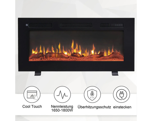 Elektrischer Kamin mit simuliertem Flammenspiel und Sicherheitsfunktionen wie Überhitzungsschutz
