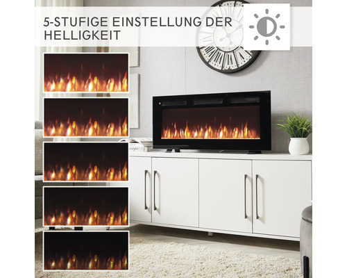 Dekorativer Elektrokamin mit fünf Helligkeitsstufen auf einem weißen Schrank