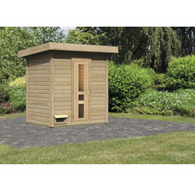 Holzsauna mit Glastür im Garten