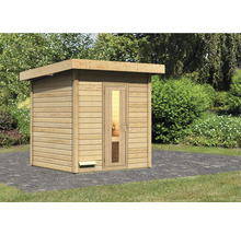 Holzsauna mit Glastür im Garten