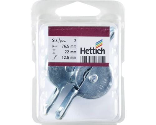 Packung mit zwei Möbelbeschlägen aus Metall mit den Maßen 76,5 mm, 22 mm und 12,5 mm von Hettich