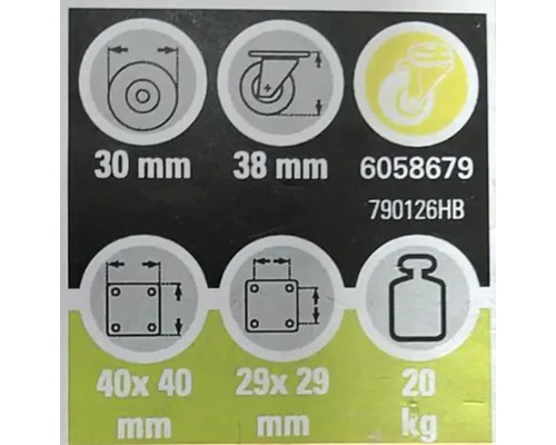 Technische Spezifikationen für Rollen: 30 mm Rollendurchmesser, 38 mm Rollenhöhe, 40 x 40 mm und 29 x 29 mm Lochabstand, maximale Traglast 20 kg