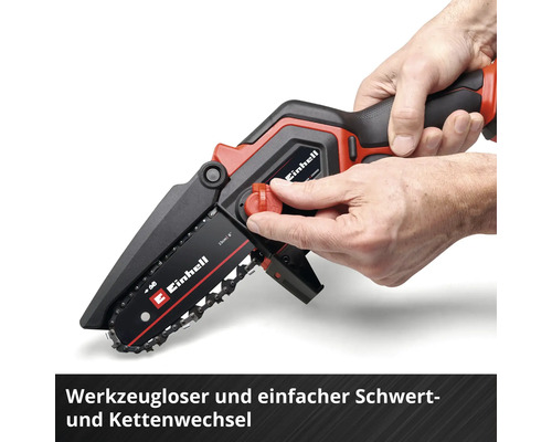 Einhell Akku-Kettensäge mit werkzeuglosem Schwert- und Kettenwechsel in Aktion