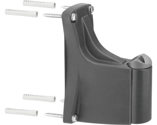 Graue Gerätehalterung mit Schrauben und Dübeln zur Wandmontage.