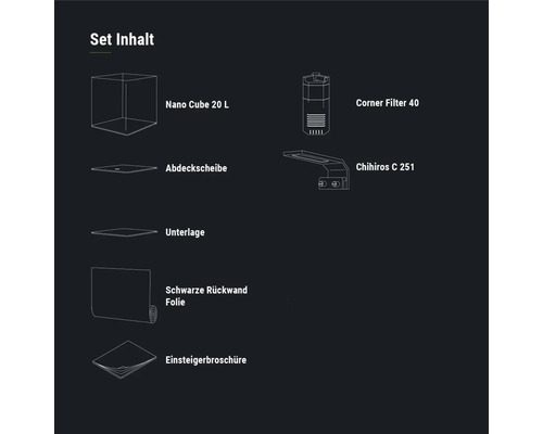 Setinhalt: Nano Cube 20 Liter, Eckfilter 40, Abdeckscheibe, Unterlage, schwarze Rückwandfolie, Einsteigerbroschüre, Chihiros C 251