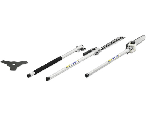 Mehrzweck-Gartengerät mit Rasentrimmer-Aufsatz, Heckenscheren-Aufsatz und Kettensägen-Aufsatz