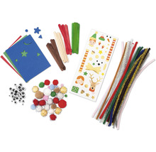 Bastelset mit Filz, Holzstäben, Aufklebern, Pfeifenreinigern, Pompons und Wackelaugen