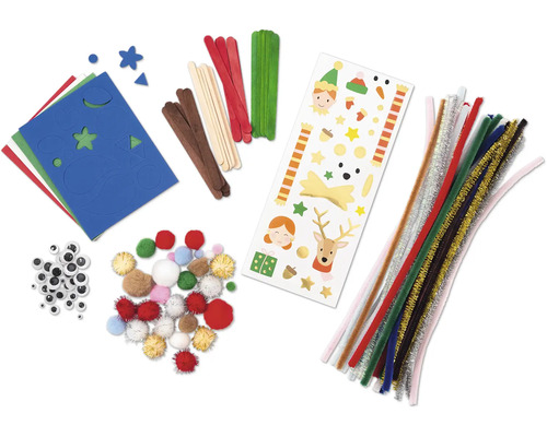 Bastelset mit Filz, Holzstäben, Aufklebern, Pfeifenreinigern, Pompons und Wackelaugen