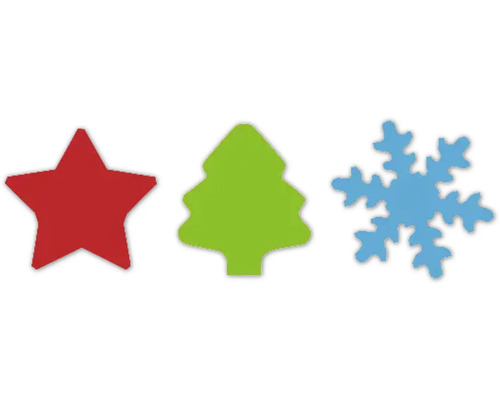 Weihnachtliche Symbole: Stern, Tannenbaum und Schneeflocke