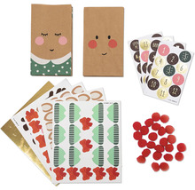 Bastelset für Adventskalender mit Papiertüten, Aufklebern und Dekoration